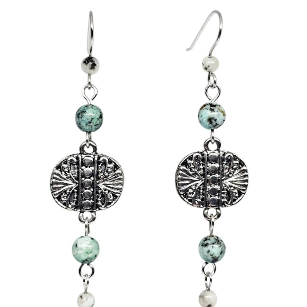 Handmade African Turquoise Gemstone Beaded Silver Pendant Boho Dangle Earrings